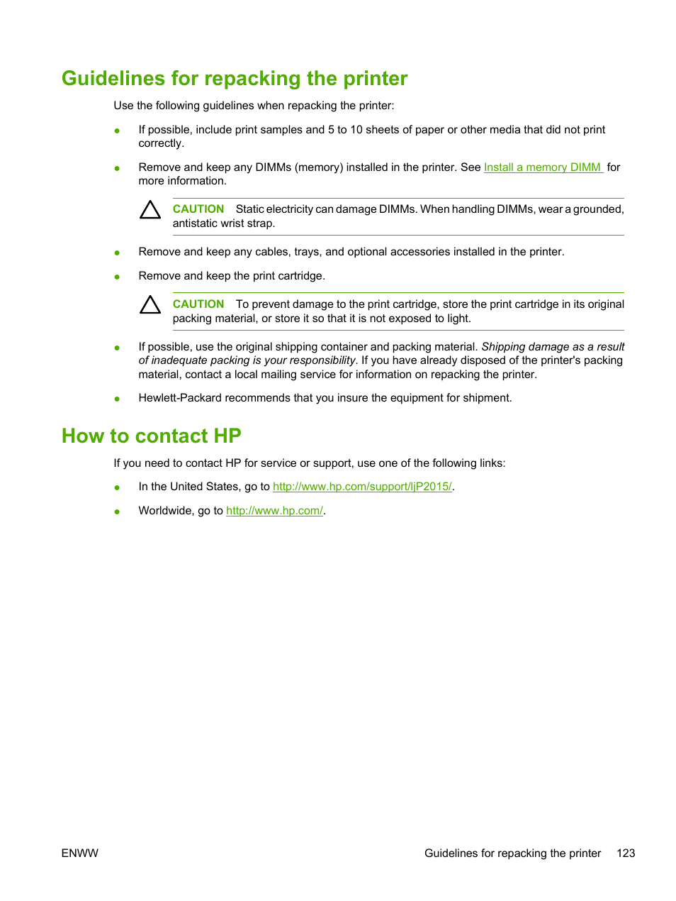Guidelines for repacking the printer, How to contact hp, How to | Contact hp, To contact hp, How to contact | HP LaserJet P2015 User Manual | Page 133 / 158