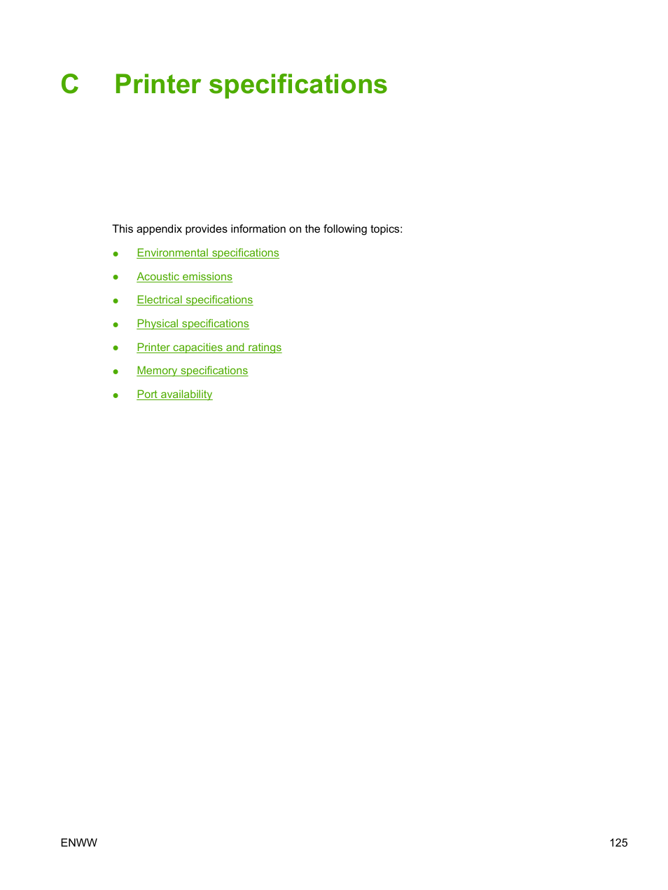 Printer specifications, Appendix c printer specifications, Cprinter specifications | HP LaserJet P2015 User Manual | Page 135 / 158