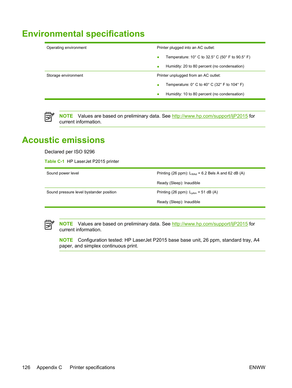 Environmental specifications, Acoustic emissions, Environmental specifications acoustic emissions | HP LaserJet P2015 User Manual | Page 136 / 158