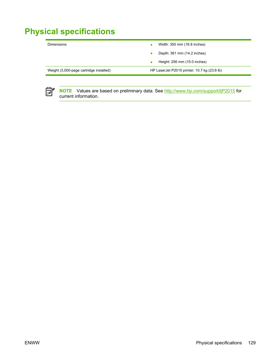 Physical specifications | HP LaserJet P2015 User Manual | Page 139 / 158