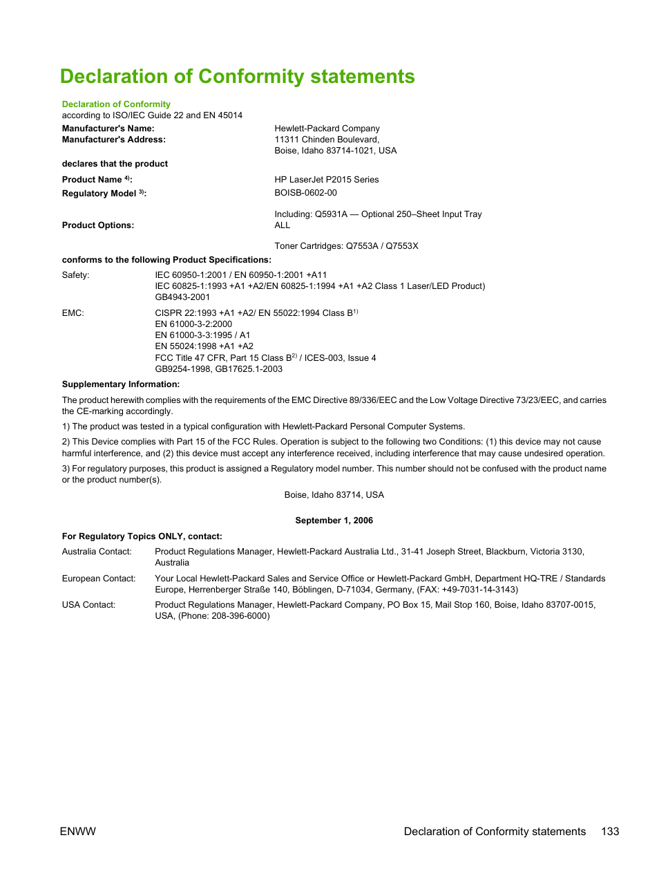 Declaration of conformity statements, Enww declaration of conformity statements 133 | HP LaserJet P2015 User Manual | Page 143 / 158
