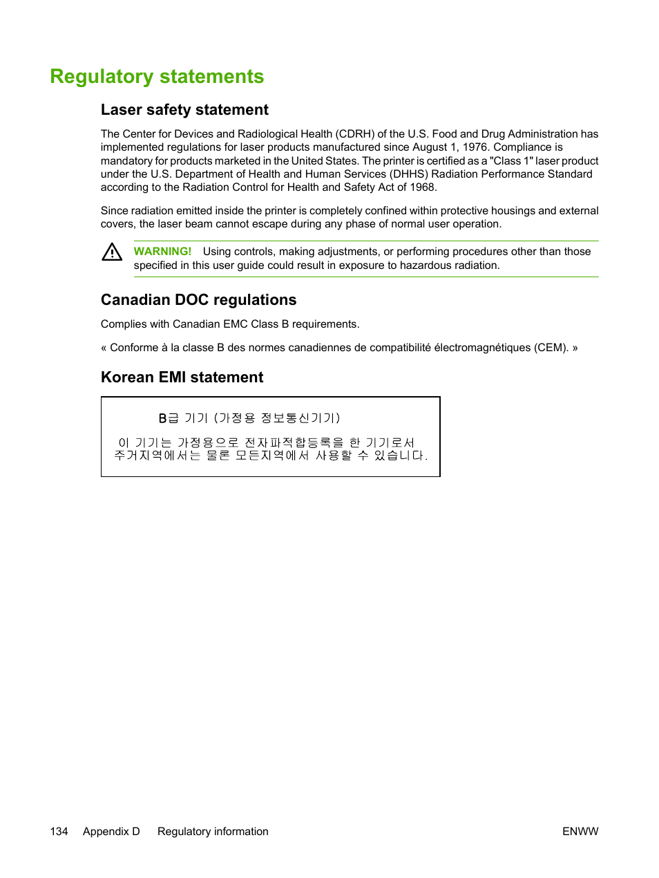 Regulatory statements, Laser safety statement, Canadian doc regulations | Korean emi statement | HP LaserJet P2015 User Manual | Page 144 / 158