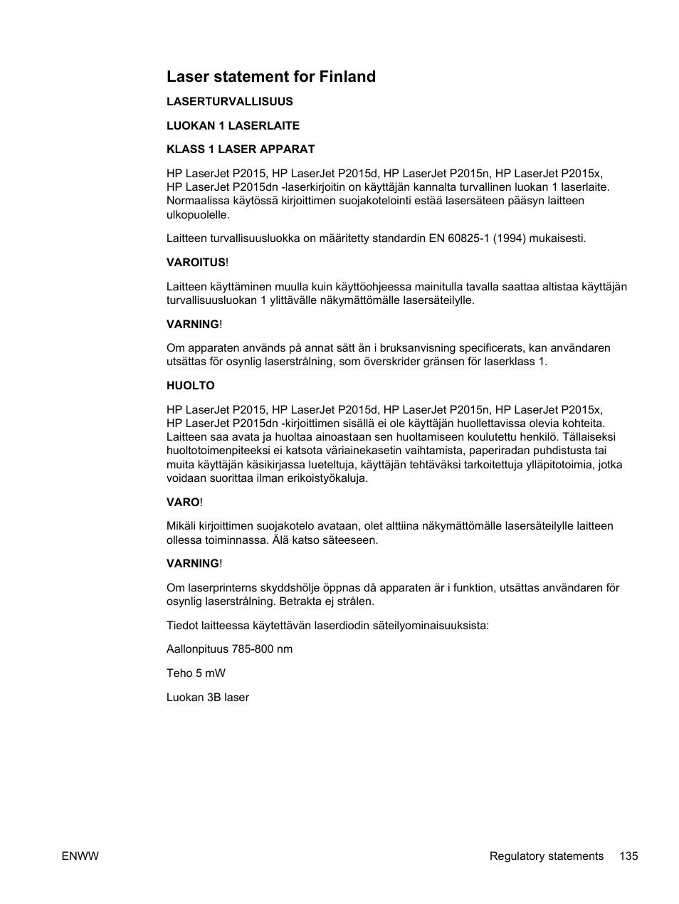 Laser statement for finland | HP LaserJet P2015 User Manual | Page 145 / 158