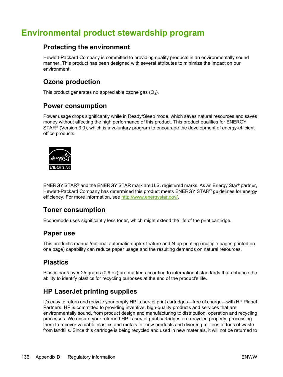 Environmental product stewardship program, Protecting the environment, Ozone production | Power consumption, Toner consumption, Paper use, Plastics, Hp laserjet printing supplies | HP LaserJet P2015 User Manual | Page 146 / 158