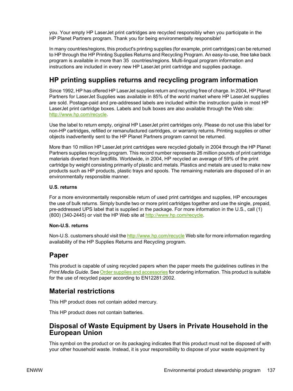 Paper, Material restrictions | HP LaserJet P2015 User Manual | Page 147 / 158