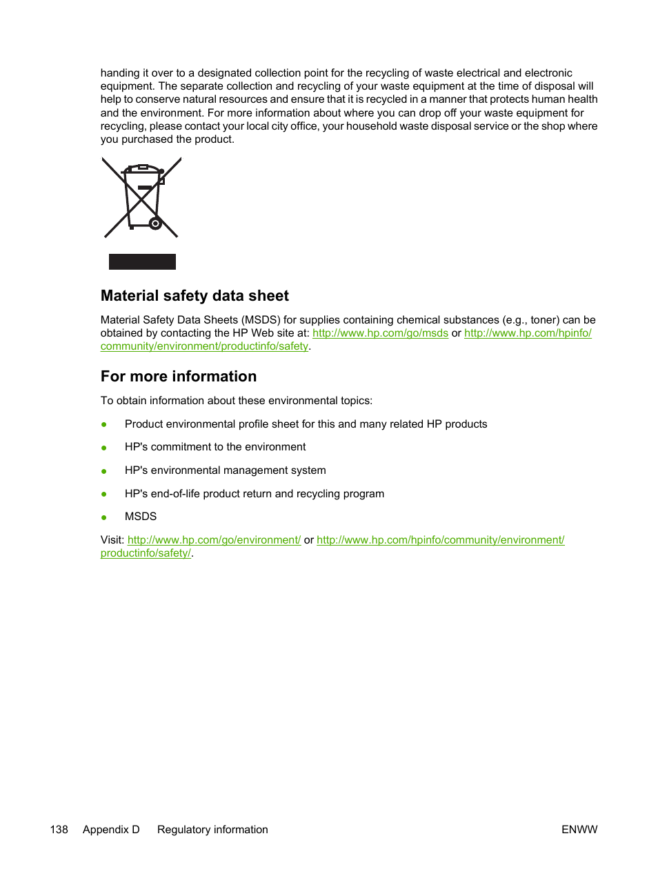 Material safety data sheet, For more information, Material safety data sheet for more information | HP LaserJet P2015 User Manual | Page 148 / 158