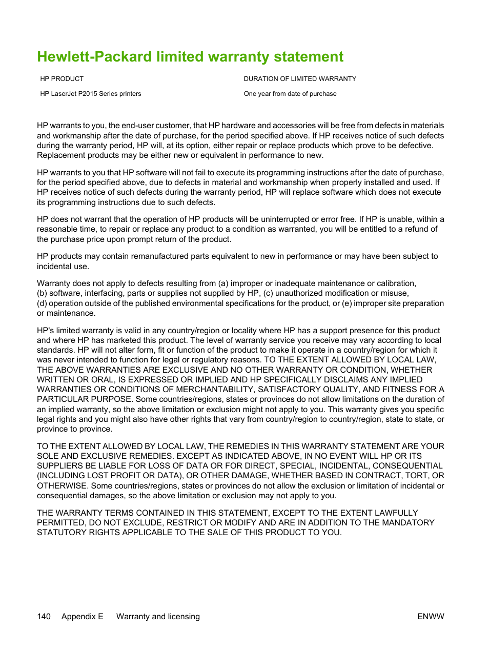 Hewlett-packard limited warranty statement | HP LaserJet P2015 User Manual | Page 150 / 158