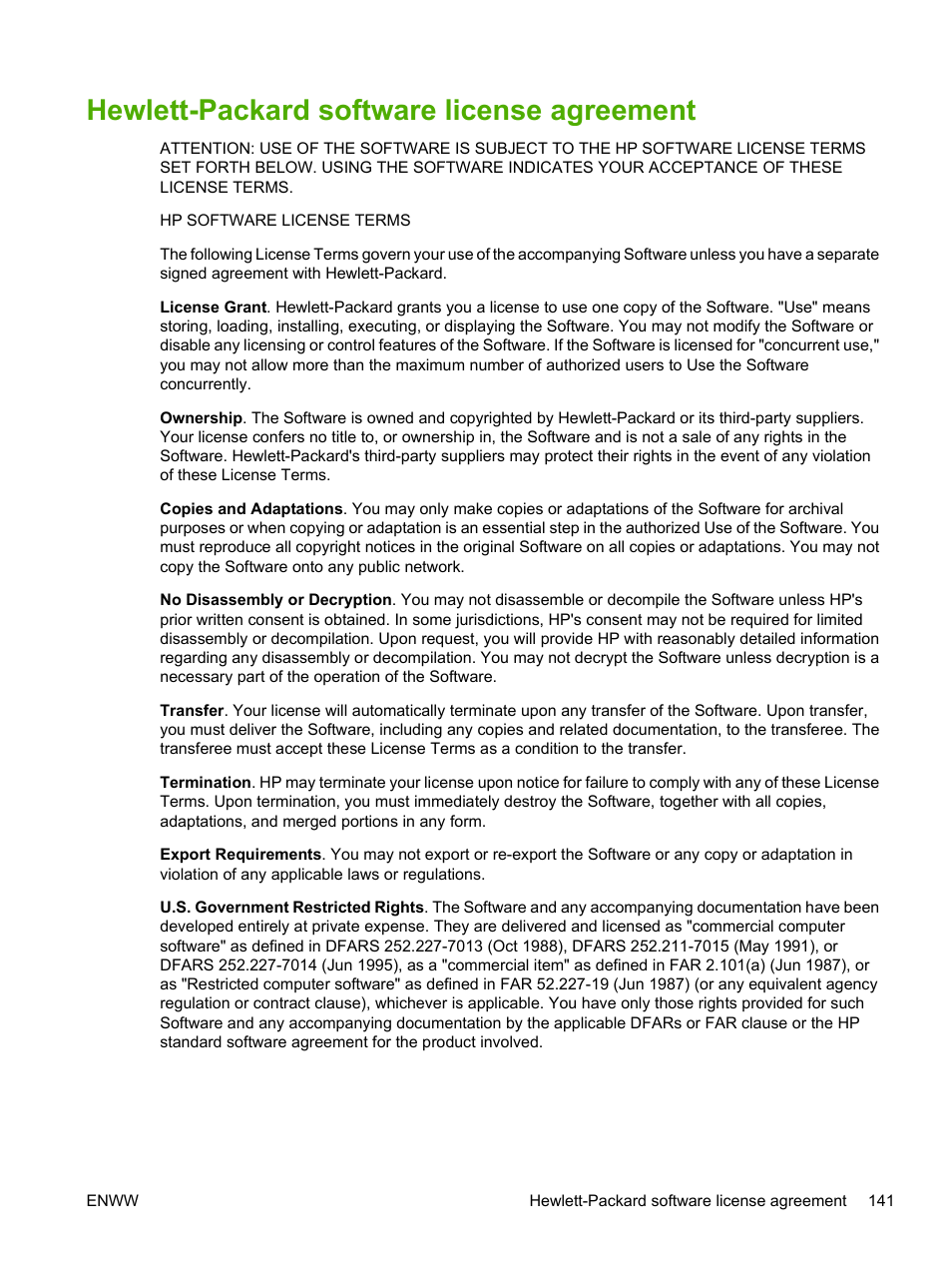 Hewlett-packard software license agreement | HP LaserJet P2015 User Manual | Page 151 / 158