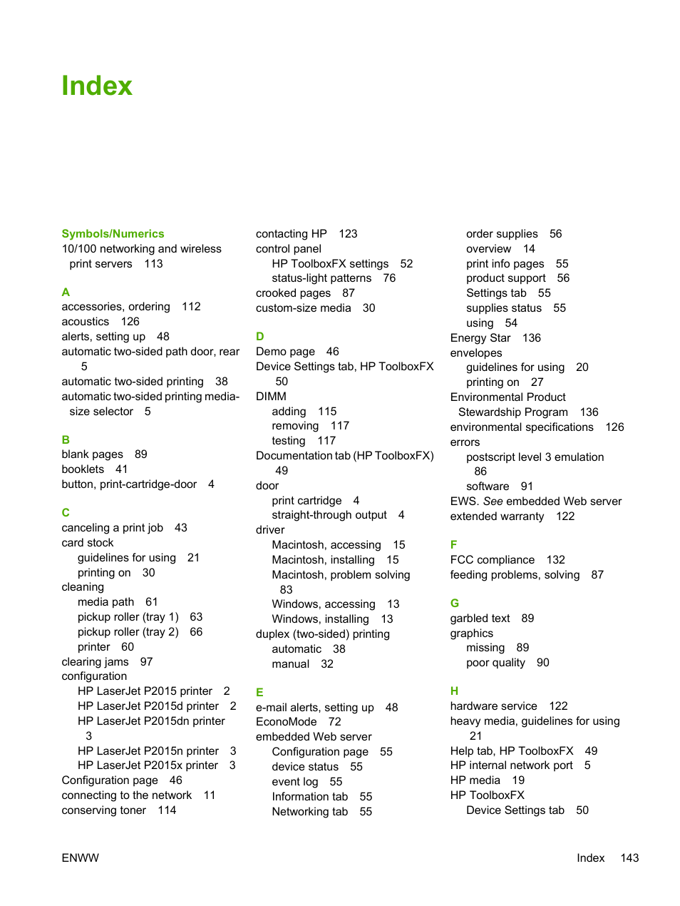 Index | HP LaserJet P2015 User Manual | Page 153 / 158