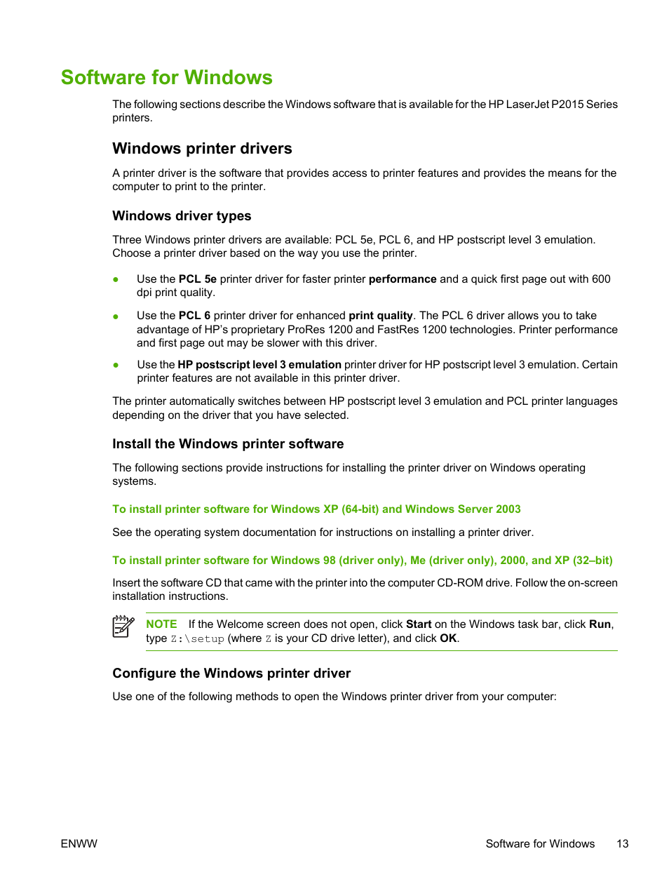 Software for windows, Windows printer drivers | HP LaserJet P2015 User Manual | Page 23 / 158