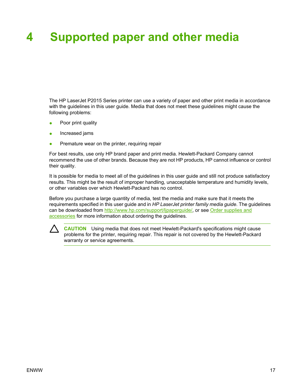 Supported paper and other media, 4 supported paper and other media, 4supported paper and other media | HP LaserJet P2015 User Manual | Page 27 / 158