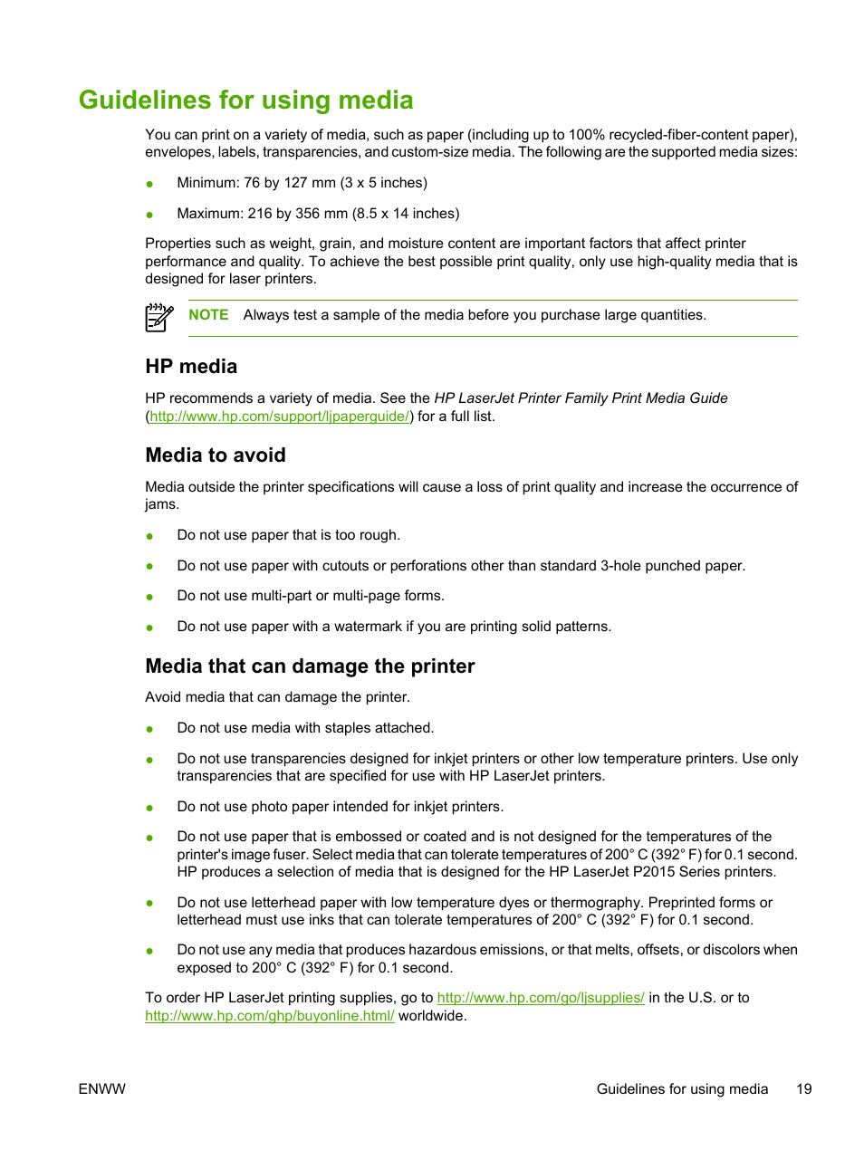 Guidelines for using media, Hp media, Media to avoid | Media that can damage the printer, Media to avoid media that can damage the printer | HP LaserJet P2015 User Manual | Page 29 / 158