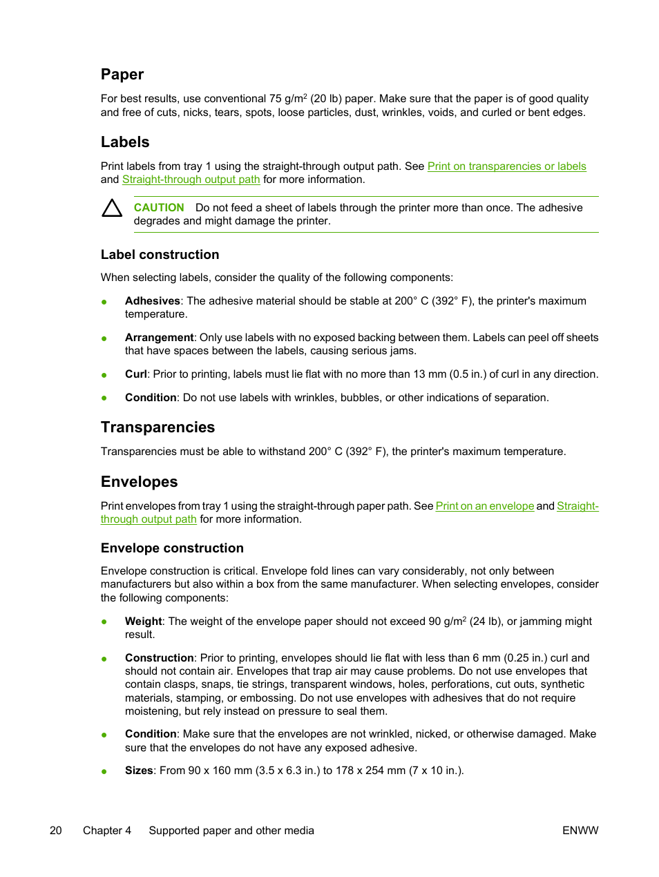 Paper, Labels, Label construction | Transparencies, Envelopes, Envelope construction, Paper labels, Transparencies envelopes | HP LaserJet P2015 User Manual | Page 30 / 158