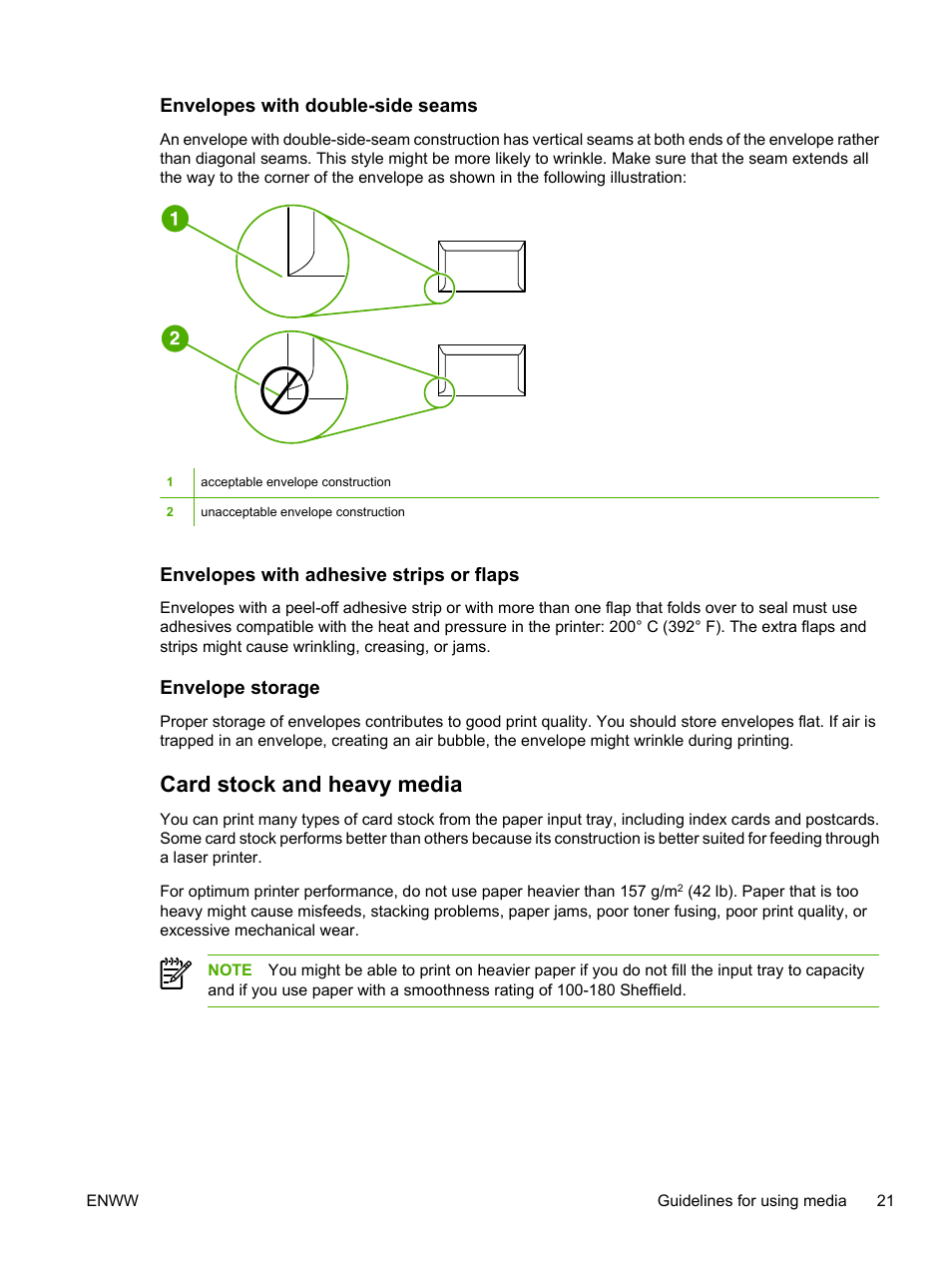 Envelopes with double-side seams, Envelopes with adhesive strips or flaps, Envelope storage | Card stock and heavy media | HP LaserJet P2015 User Manual | Page 31 / 158