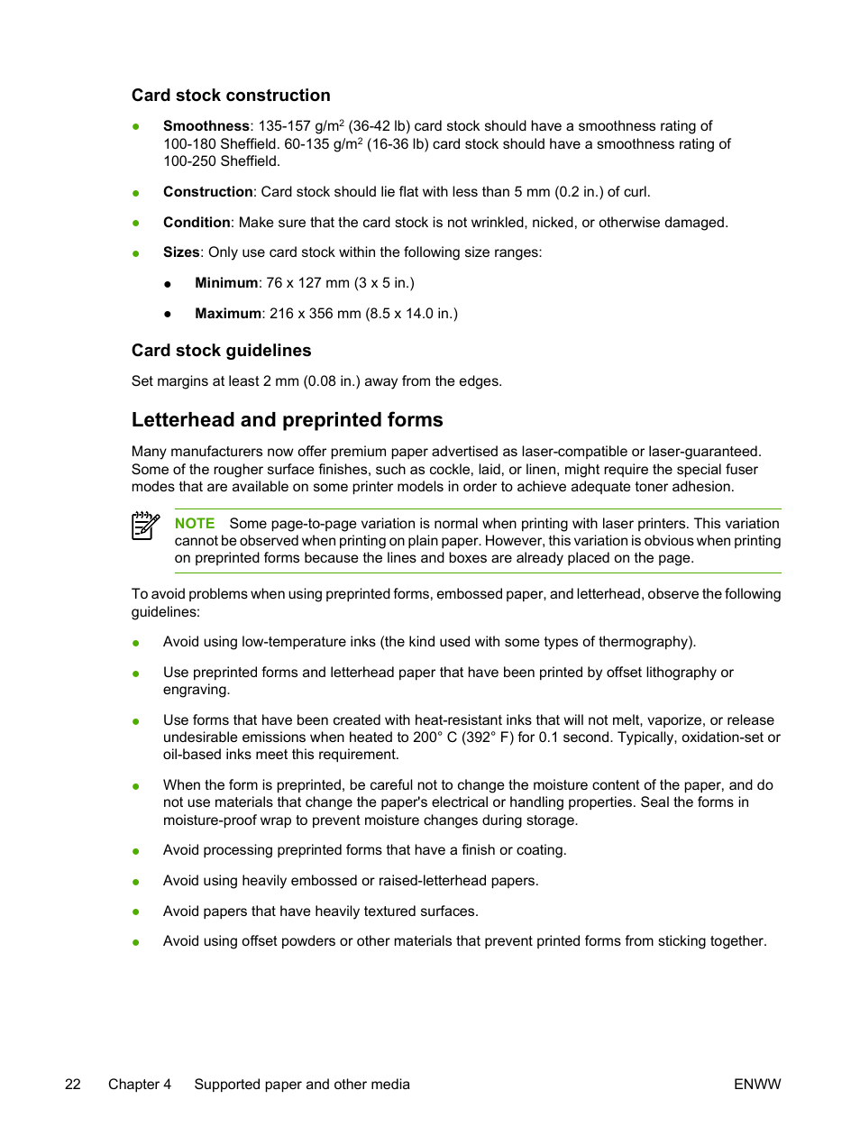 Card stock construction, Card stock guidelines, Letterhead and preprinted forms | Card stock construction card stock guidelines | HP LaserJet P2015 User Manual | Page 32 / 158