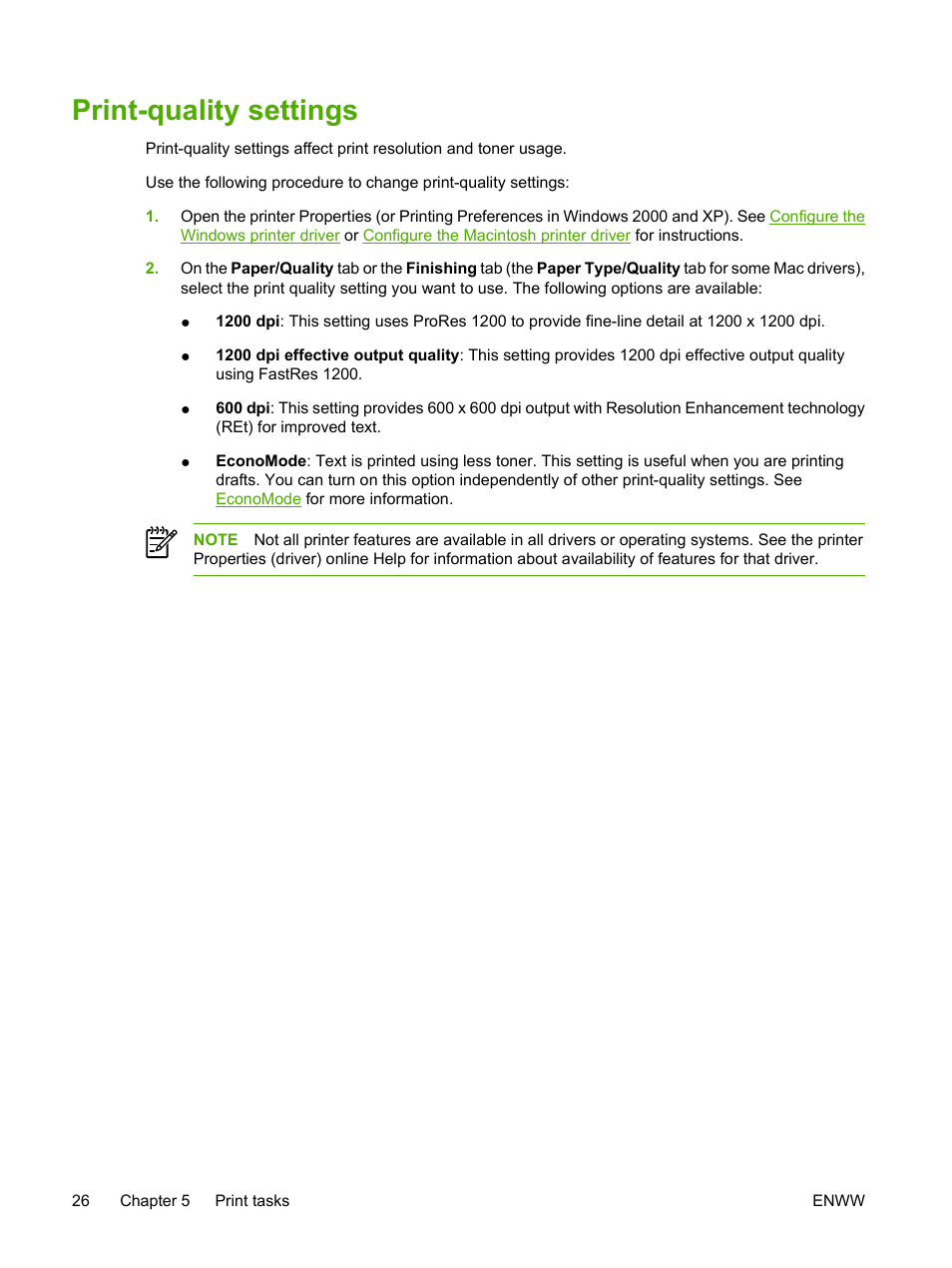 Print-quality settings | HP LaserJet P2015 User Manual | Page 36 / 158