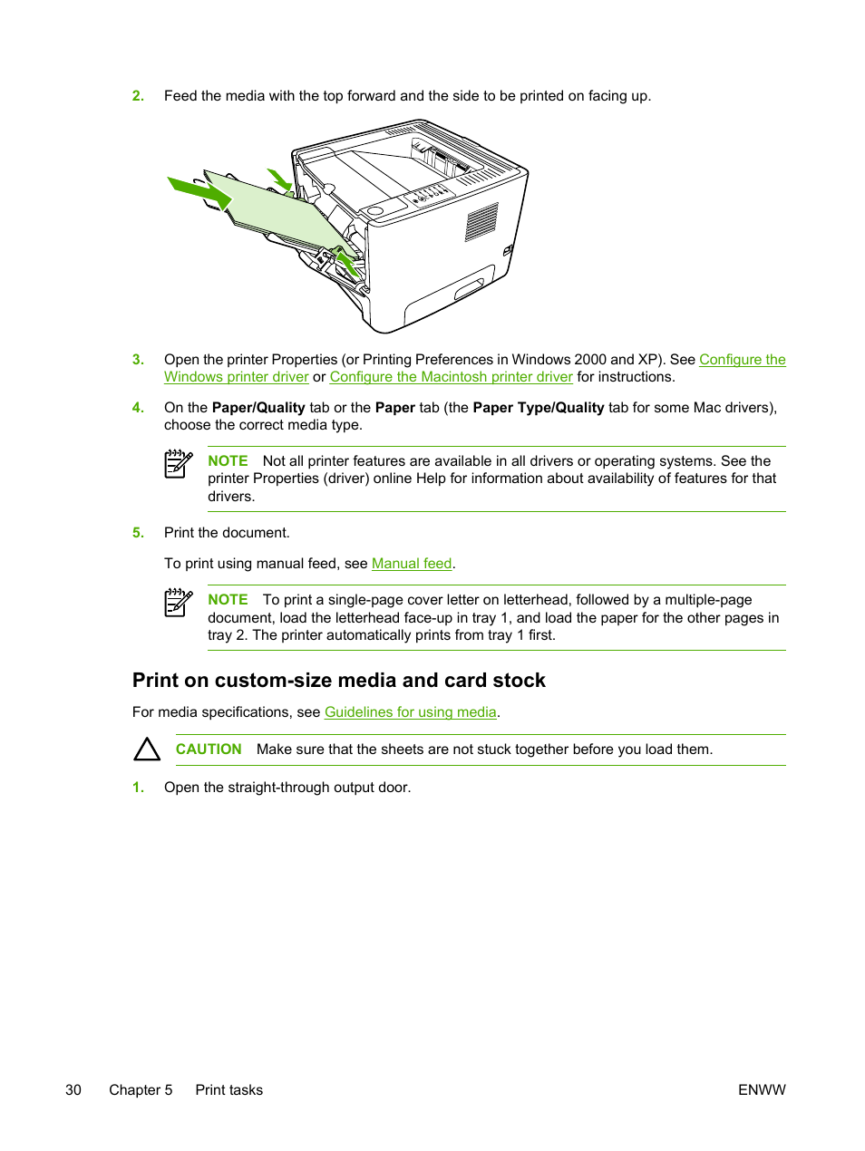 Print on custom-size media and card stock | HP LaserJet P2015 User Manual | Page 40 / 158