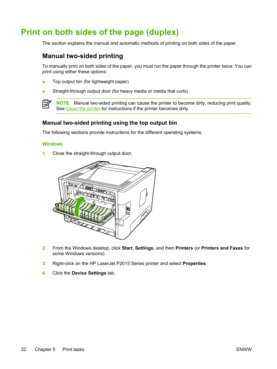 Manual two-sided printing, Manual two-sided printing using the top output bin, Print on both sides of the page (duplex) | HP LaserJet P2015 User Manual | Page 42 / 158