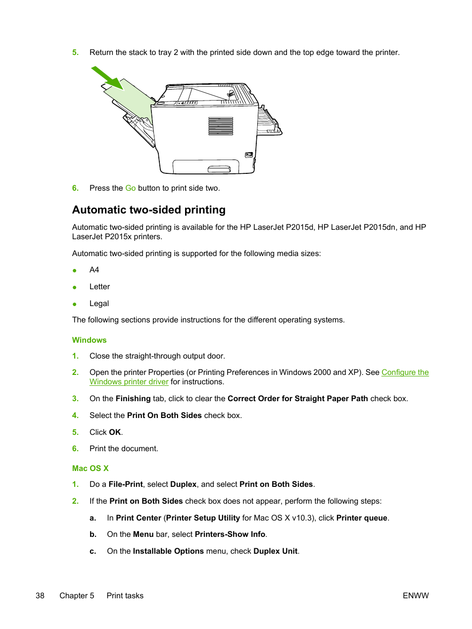 Automatic two-sided printing | HP LaserJet P2015 User Manual | Page 48 / 158