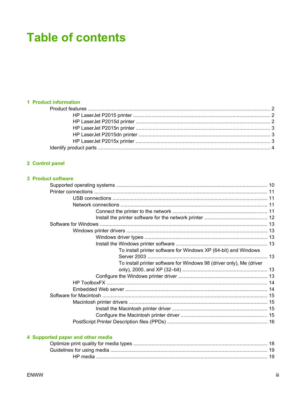 HP LaserJet P2015 User Manual | Page 5 / 158