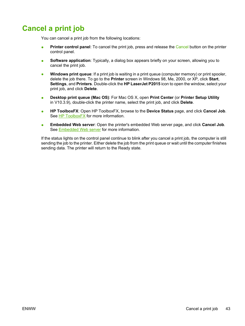 Cancel a print job | HP LaserJet P2015 User Manual | Page 53 / 158