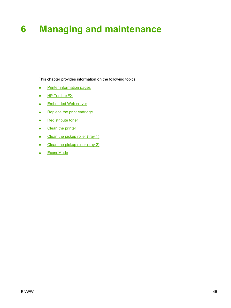 Managing and maintenance, 6 managing and maintenance, 6managing and maintenance | HP LaserJet P2015 User Manual | Page 55 / 158
