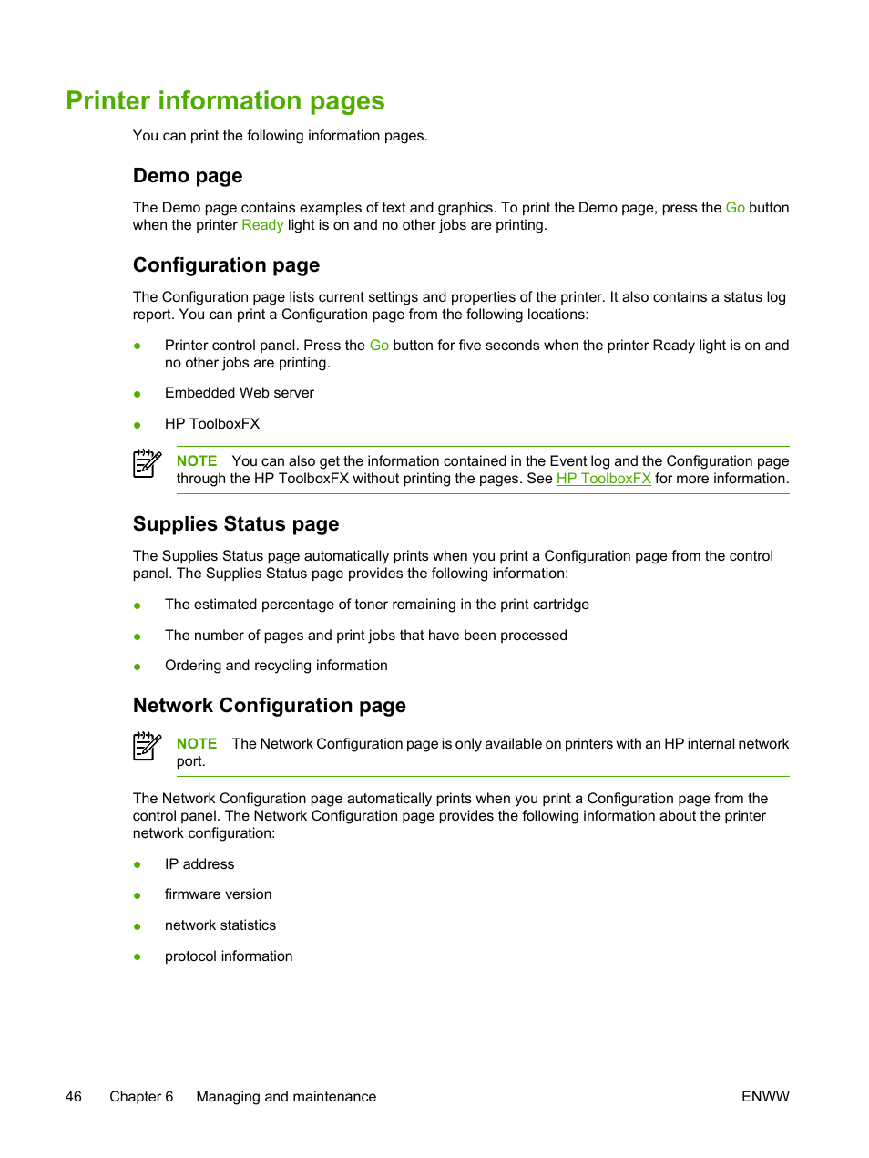 Printer information pages, Demo page, Configuration page | Supplies status page, Network configuration page | HP LaserJet P2015 User Manual | Page 56 / 158