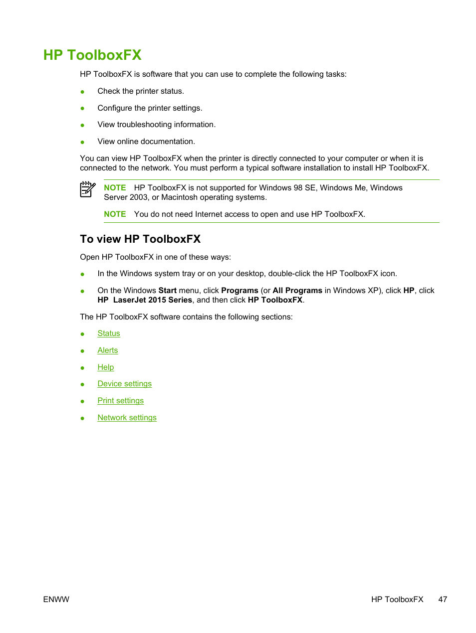 Hp toolboxfx, To view hp toolboxfx | HP LaserJet P2015 User Manual | Page 57 / 158
