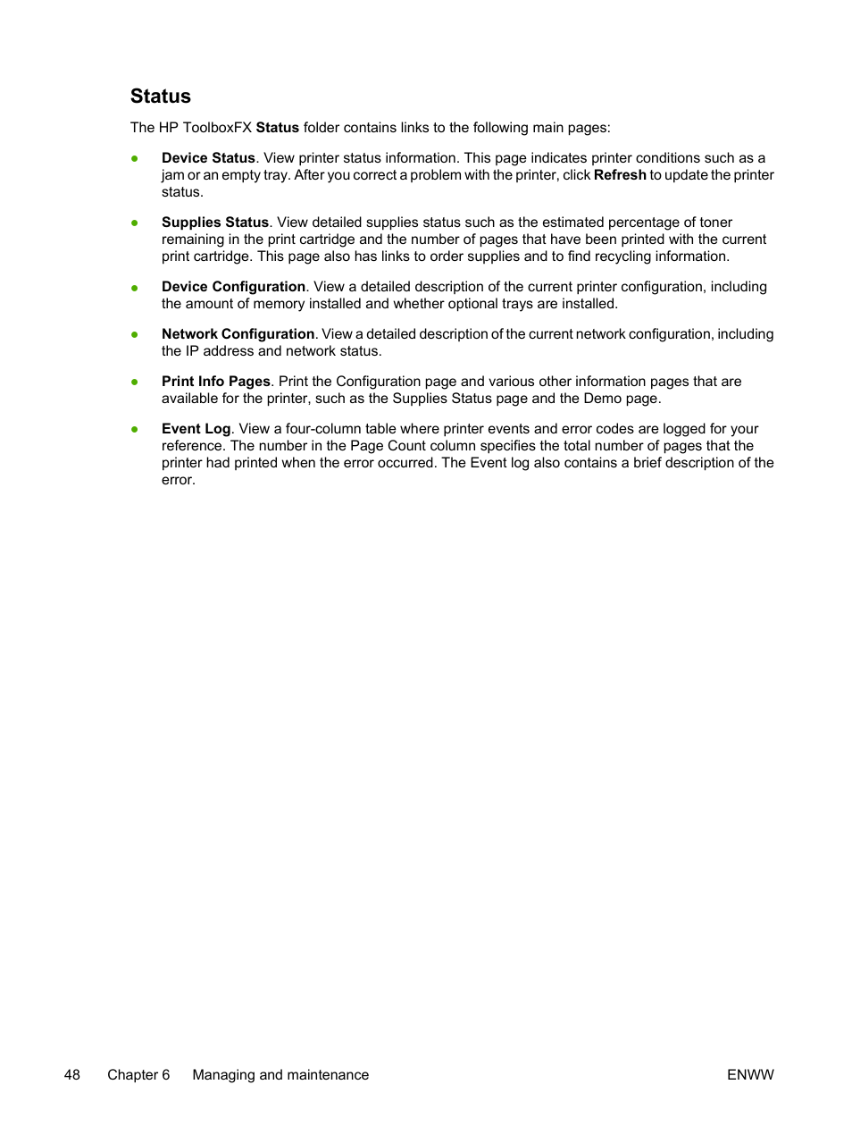 Status | HP LaserJet P2015 User Manual | Page 58 / 158