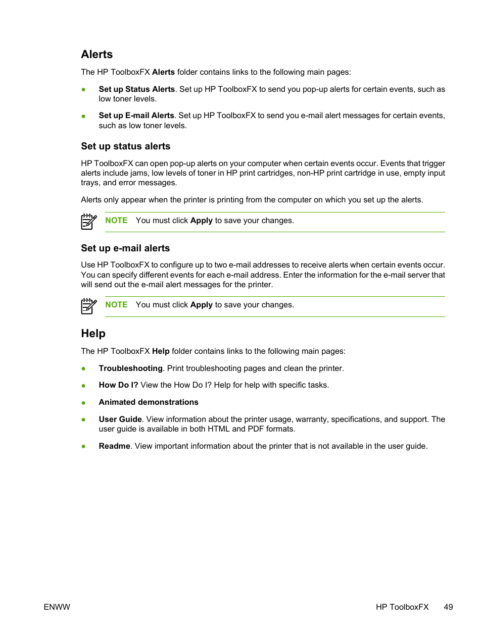 Alerts, Set up status alerts, Set up e-mail alerts | Help, Set up status alerts set up e-mail alerts | HP LaserJet P2015 User Manual | Page 59 / 158
