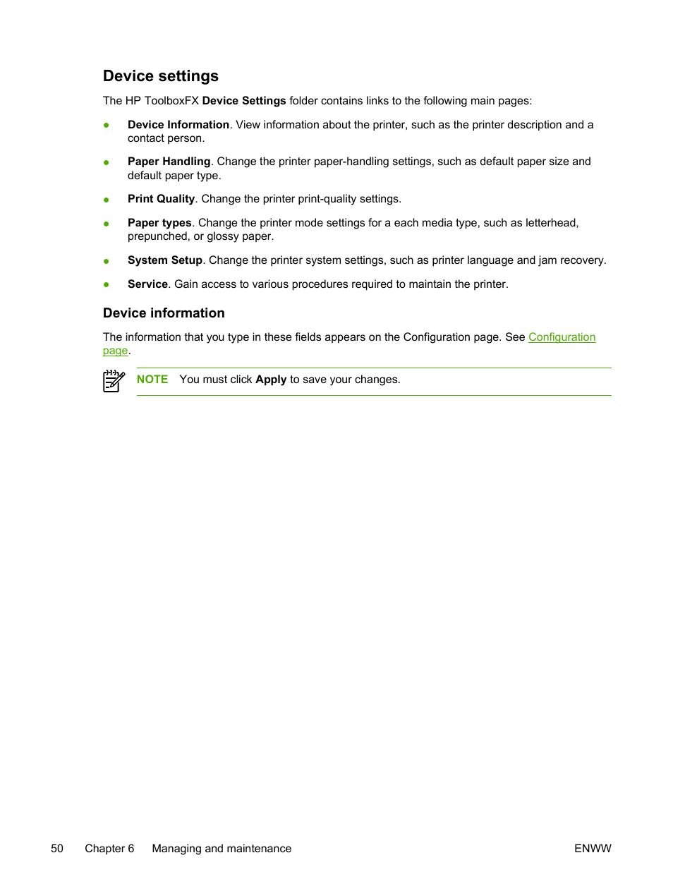 Device settings, Device information | HP LaserJet P2015 User Manual | Page 60 / 158