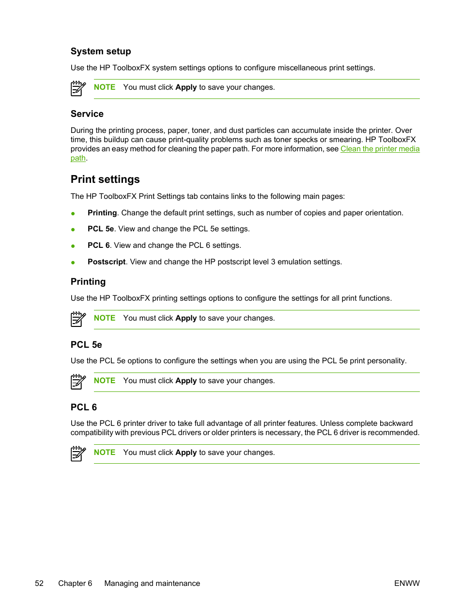 System setup, Service, Print settings | Printing, Pcl 5e, Pcl 6, System setup service, Printing pcl 5e pcl 6 | HP LaserJet P2015 User Manual | Page 62 / 158