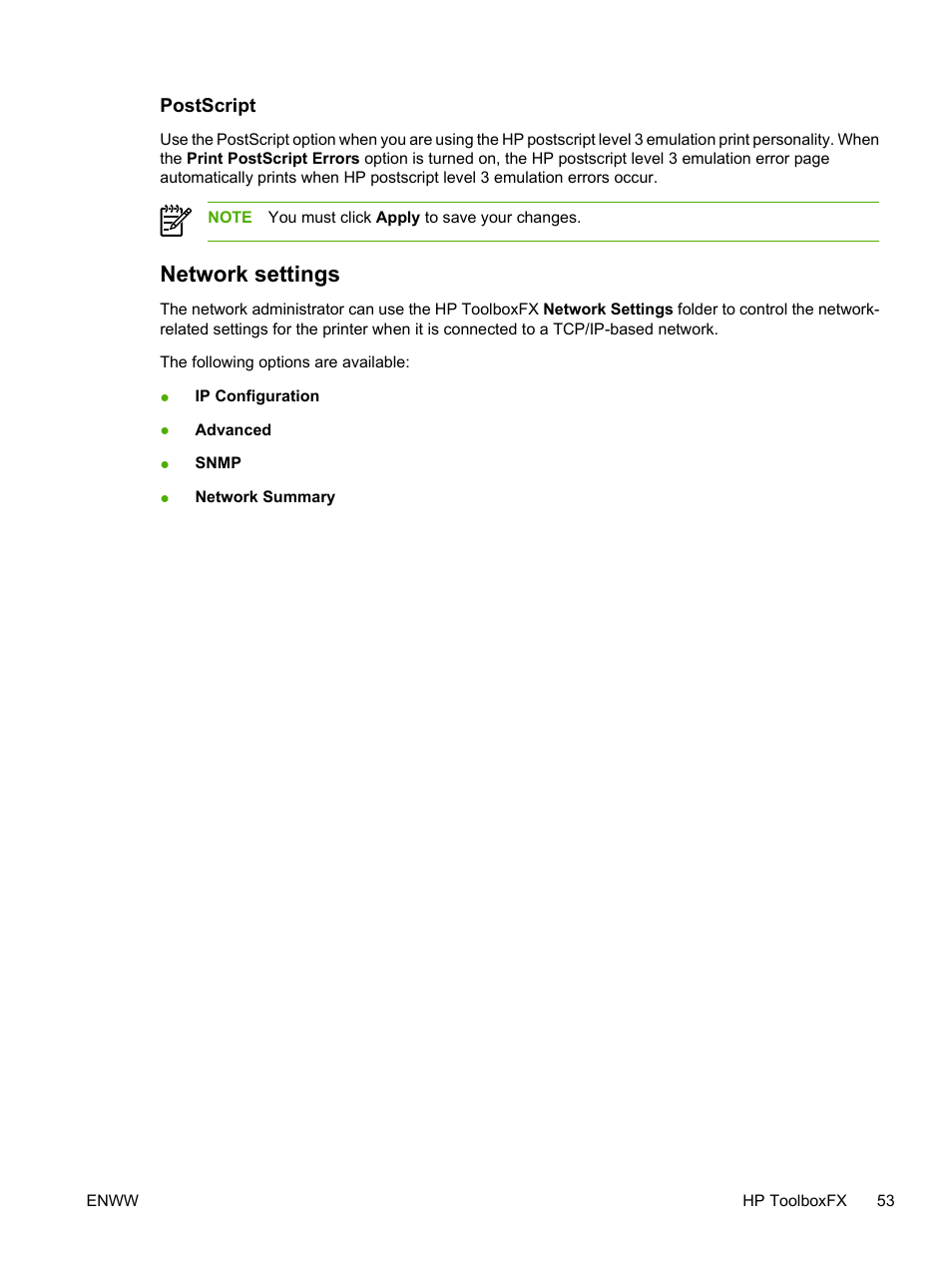 Postscript, Network settings | HP LaserJet P2015 User Manual | Page 63 / 158