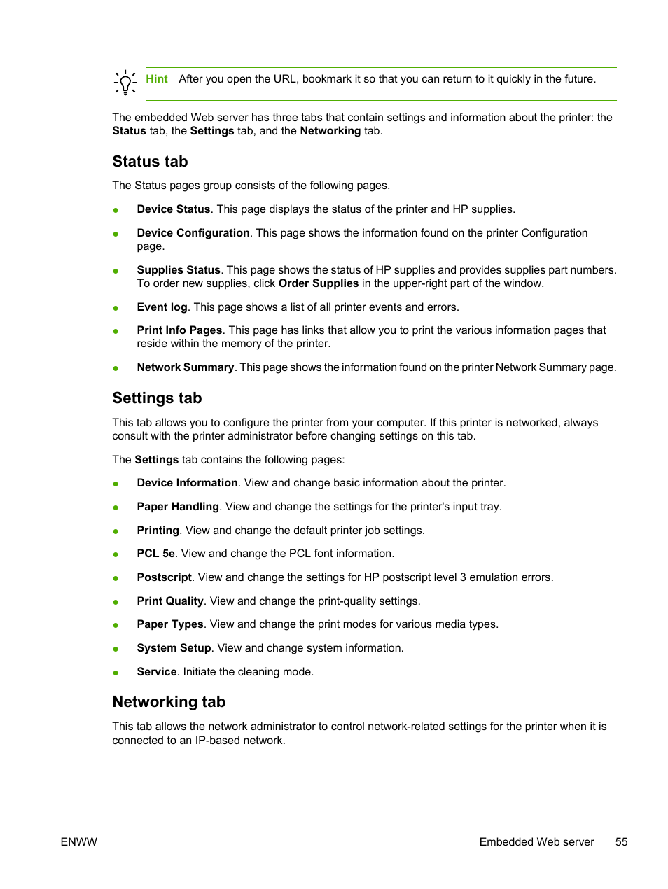 Status tab, Settings tab, Networking tab | Status tab settings tab networking tab | HP LaserJet P2015 User Manual | Page 65 / 158