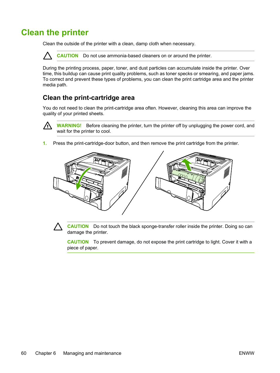 Clean the printer, Clean the print-cartridge area | HP LaserJet P2015 User Manual | Page 70 / 158
