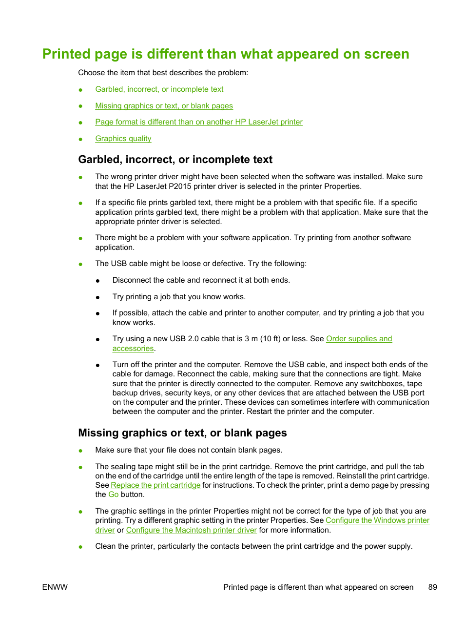 Garbled, incorrect, or incomplete text, Missing graphics or text, or blank pages | HP LaserJet P2015 User Manual | Page 99 / 158