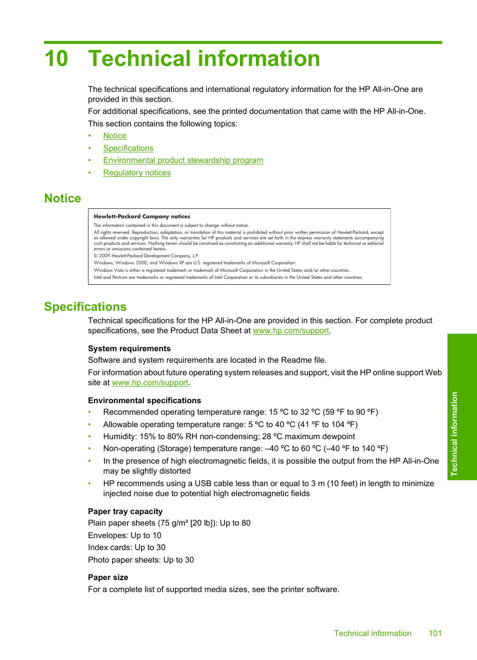 Technical information, Notice, Specifications | 10 technical information, Notice specifications | HP Deskjet F4480 User Manual | Page 104 / 113