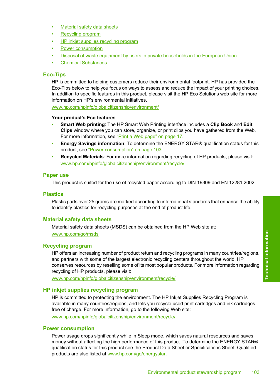 Eco-tips, Paper use, Plastics | Material safety data sheets, Recycling program, Hp inkjet supplies recycling program, Power consumption | HP Deskjet F4480 User Manual | Page 106 / 113