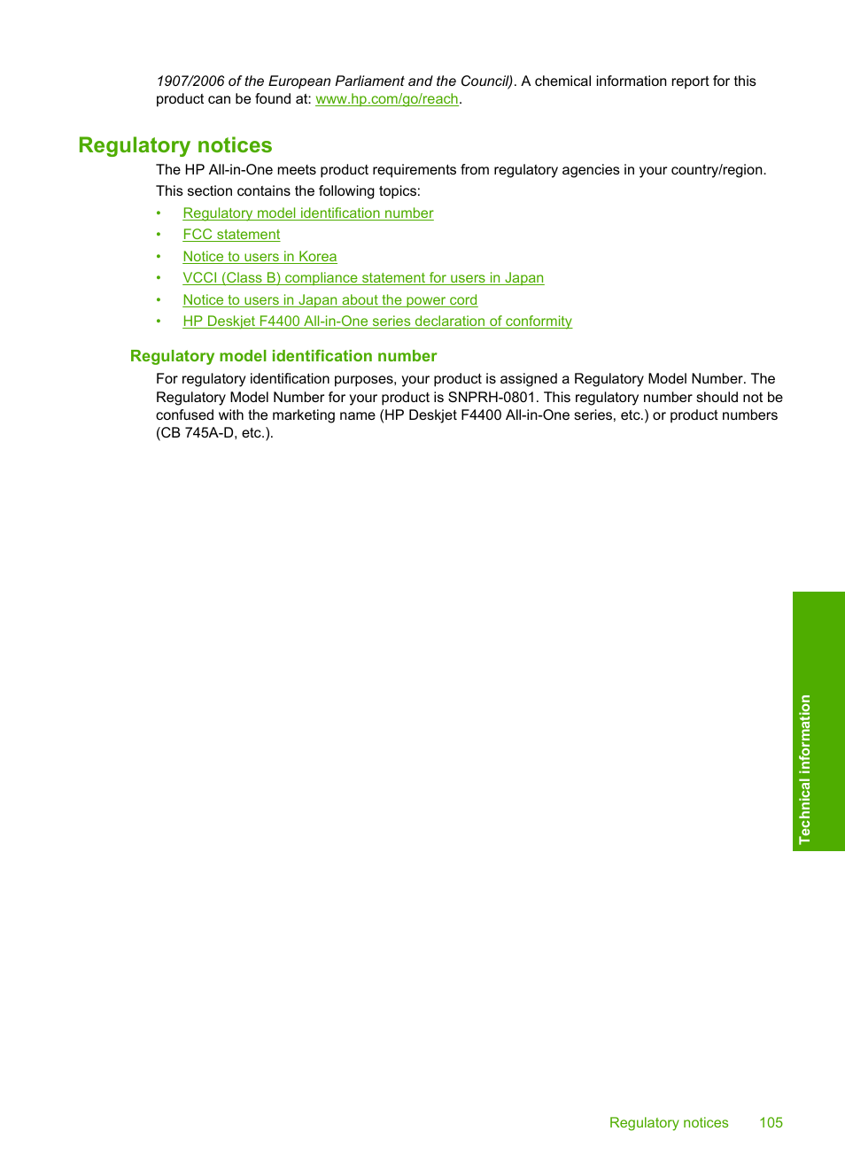Regulatory notices, Regulatory model identification number | HP Deskjet F4480 User Manual | Page 108 / 113