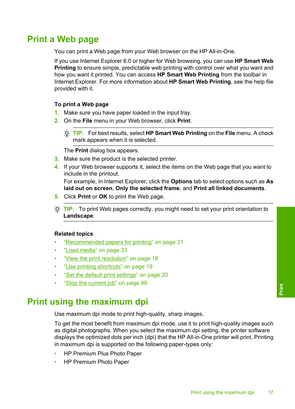 Print, Print a web page, Print using the maximum dpi | HP Deskjet F4480 User Manual | Page 20 / 113