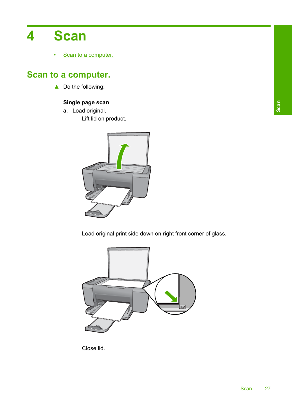 Scan, Scan to a computer, 4 scan | 4scan | HP Deskjet F4480 User Manual | Page 30 / 113