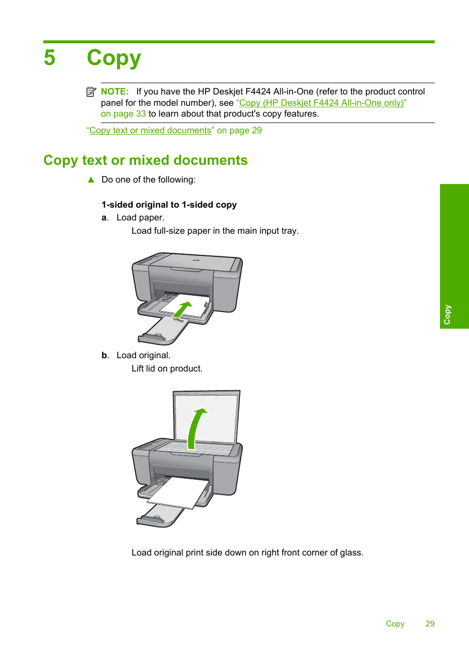 Copy, Copy text or mixed documents, 5 copy | 5copy | HP Deskjet F4480 User Manual | Page 32 / 113
