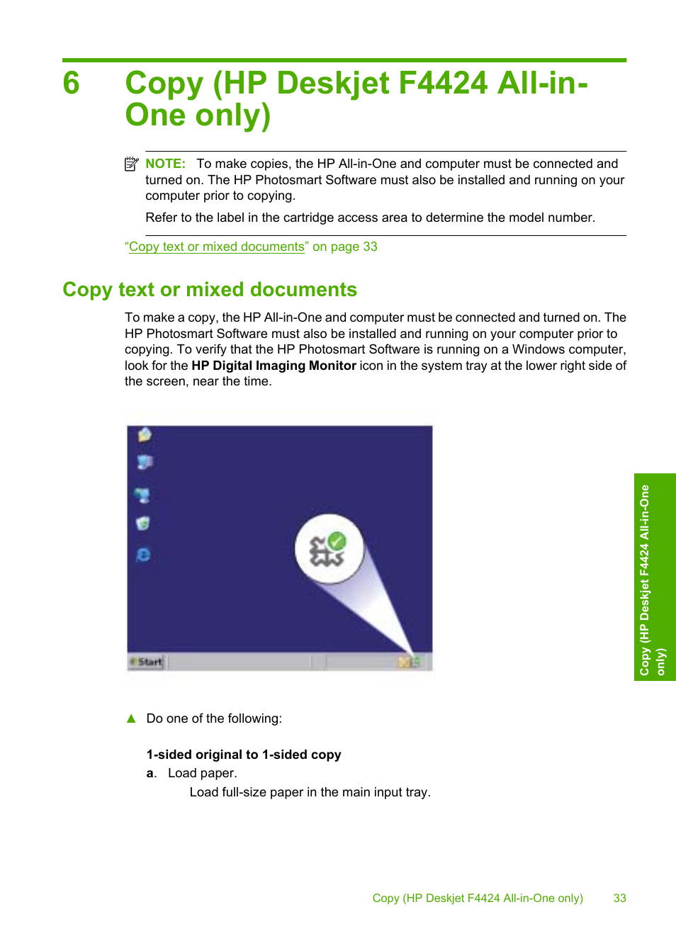 Copy (hp deskjet f4424 all-in-one only), Copy text or mixed documents, 6 copy (hp deskjet f4424 all-in-one only) | HP Deskjet F4480 User Manual | Page 36 / 113