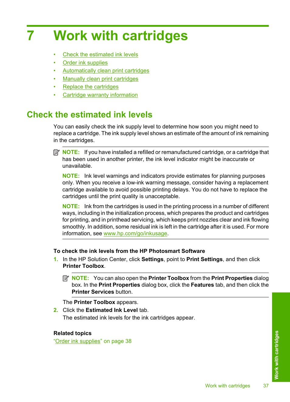 Work with cartridges, Check the estimated ink levels, 7 work with cartridges | 7work with cartridges | HP Deskjet F4480 User Manual | Page 40 / 113