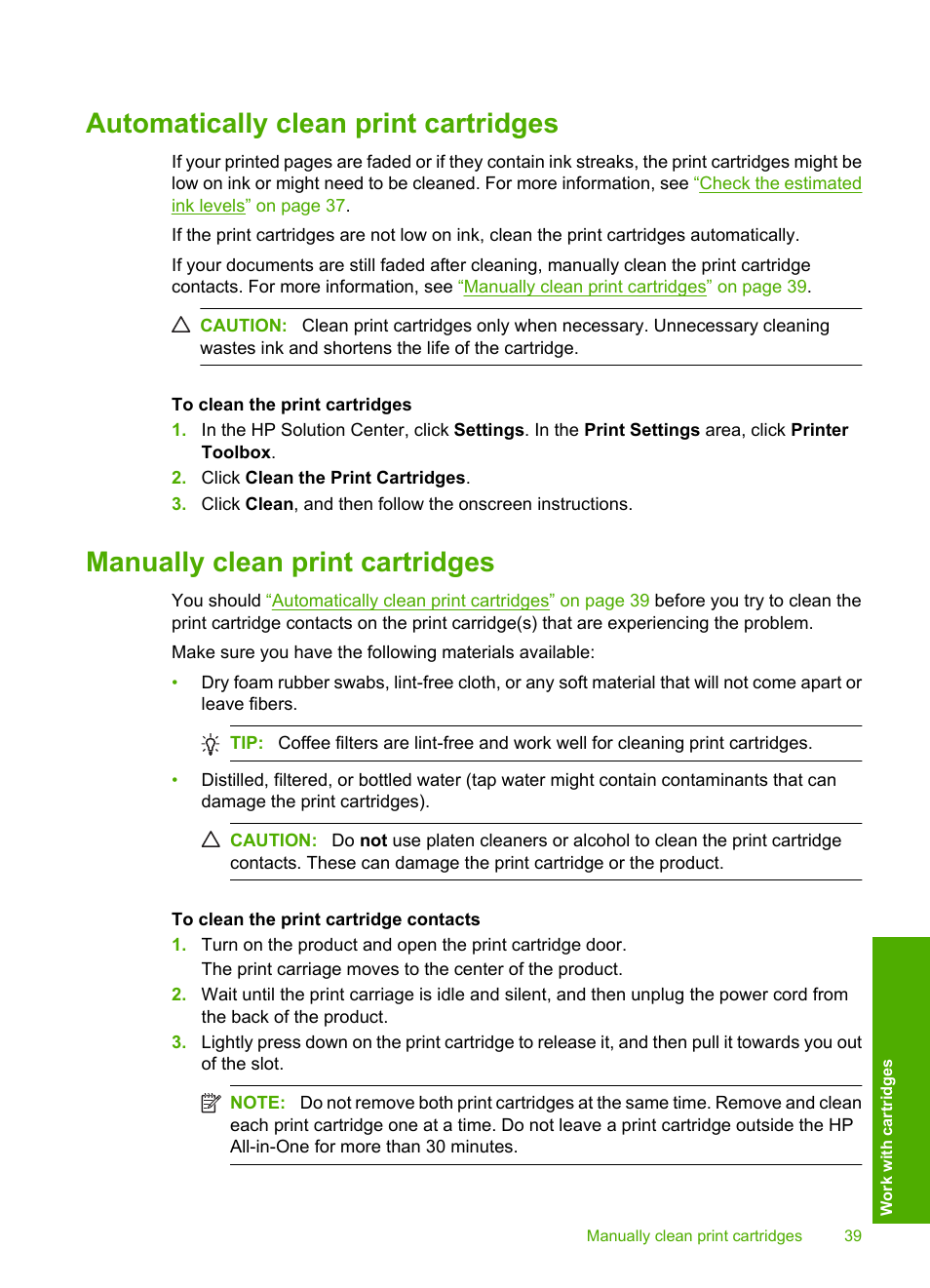 Automatically clean print cartridges, Manually clean print cartridges | HP Deskjet F4480 User Manual | Page 42 / 113