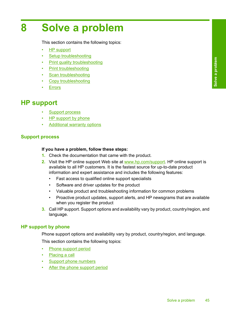 Solve a problem, Hp support, Support process | Hp support by phone, 8 solve a problem, 8solve a problem | HP Deskjet F4480 User Manual | Page 48 / 113