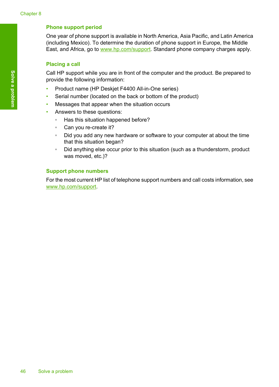 Phone support period, Placing a call, Support phone numbers | HP Deskjet F4480 User Manual | Page 49 / 113