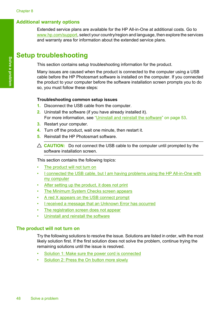 Additional warranty options, Setup troubleshooting, The product will not turn on | HP Deskjet F4480 User Manual | Page 51 / 113