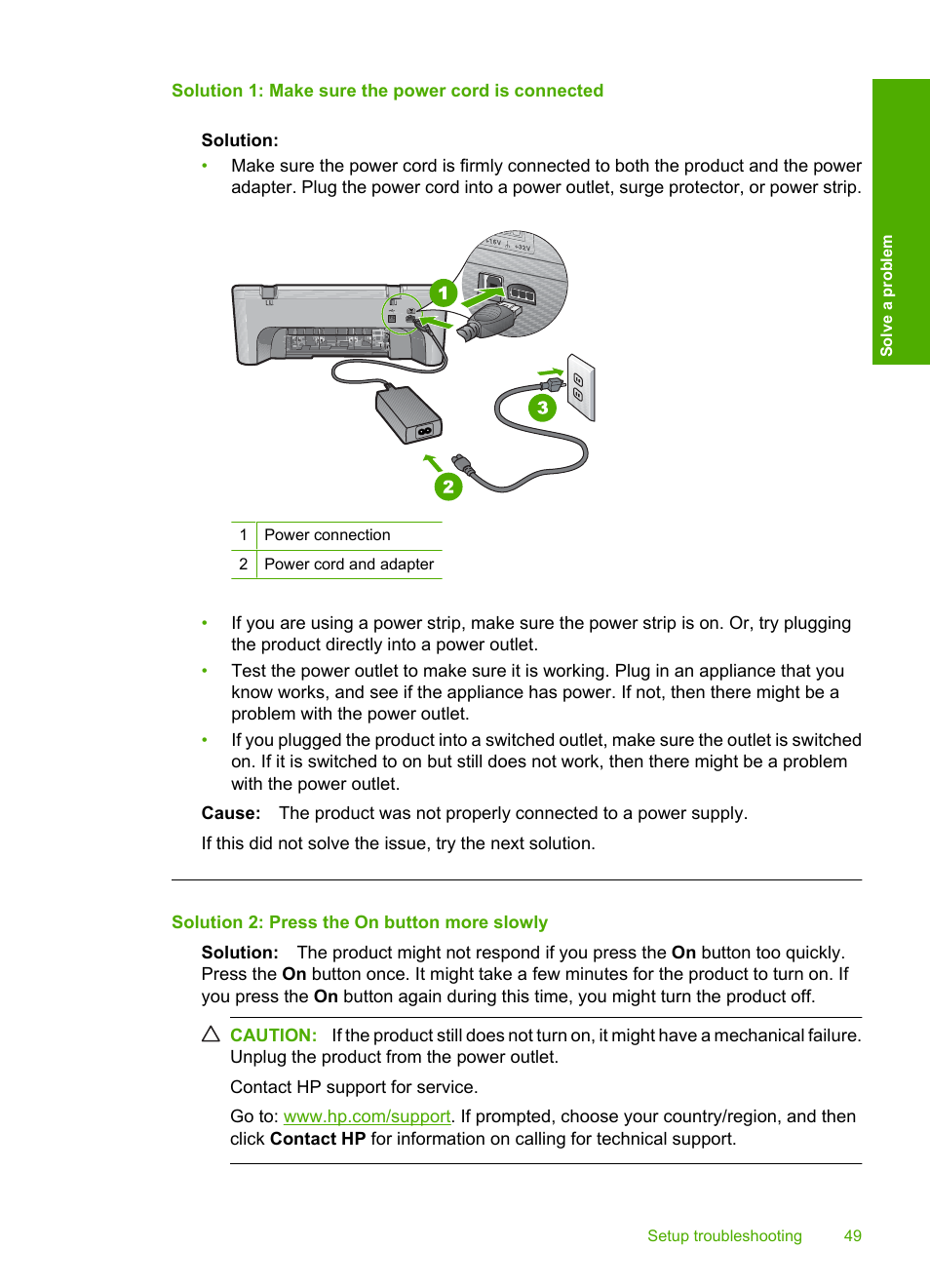 Solution 1: make sure the power cord is connected, Solution 2: press the on button more slowly | HP Deskjet F4480 User Manual | Page 52 / 113