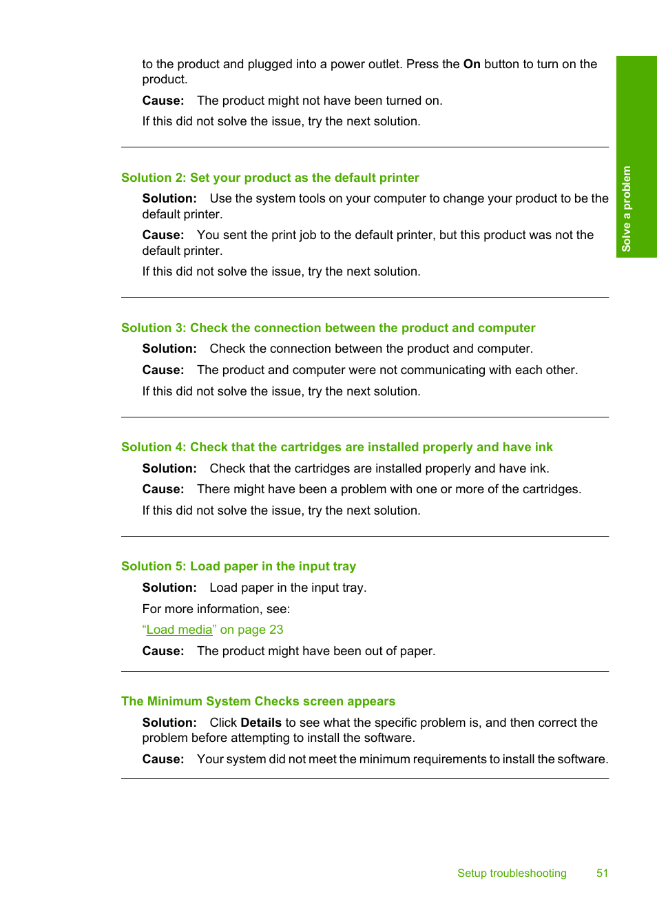 The minimum system checks screen appears, Solution 5: load paper in the input tray | HP Deskjet F4480 User Manual | Page 54 / 113